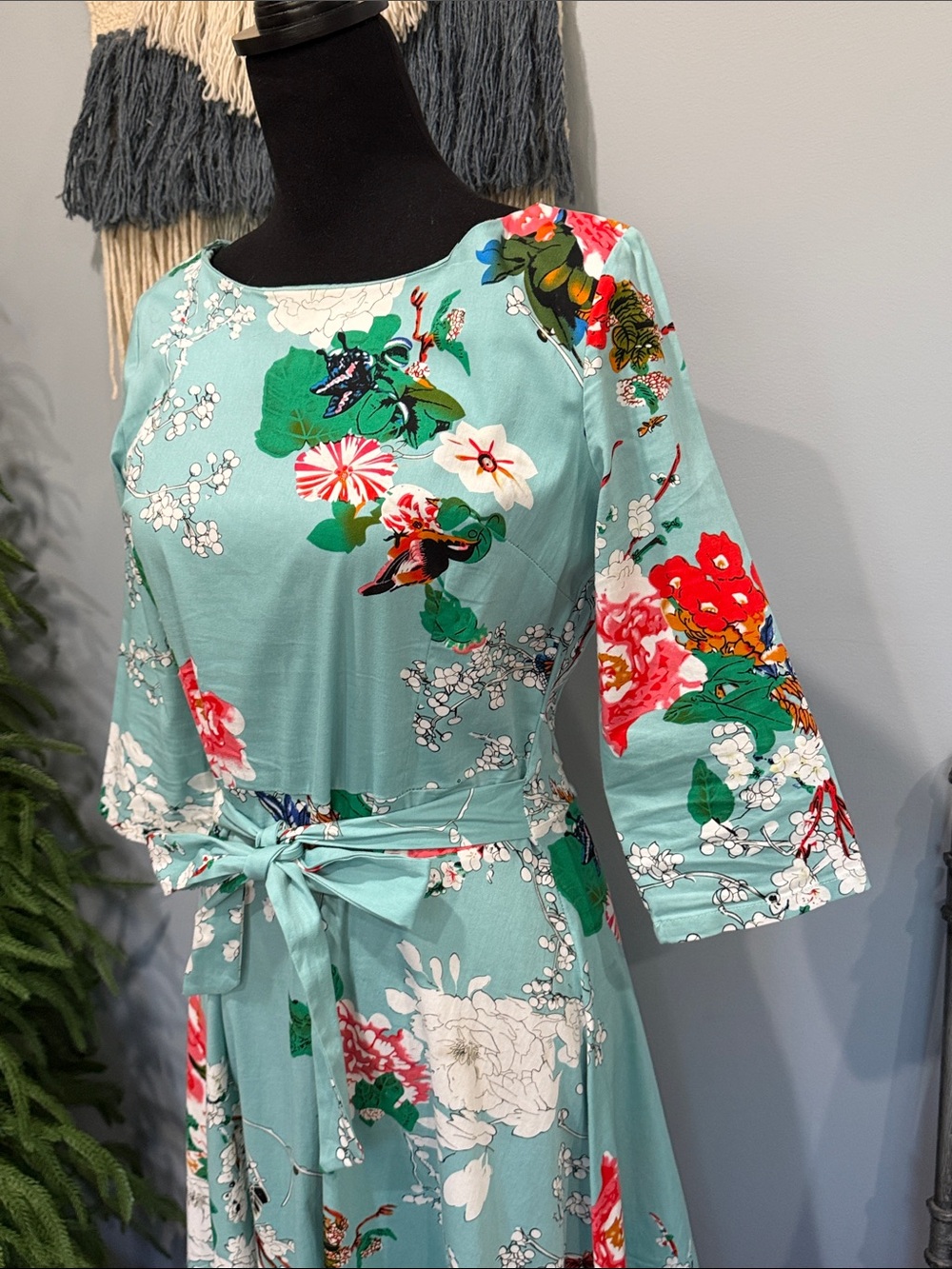 Vintage Inspired 50s Floral Swing Dress Tie Waist Large - Picture 3 of 11